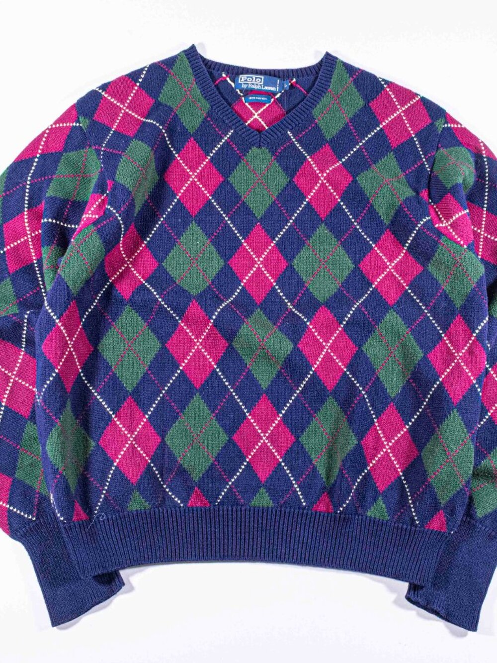 Vintage 90s Polo Ralph Lauren Argyle Knit Sweater Mens Large Cotton Pullover